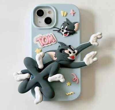 Super Soft Tom and Jerry Cartoon Case with 3D Moving Spinner (Pastel Blue Color, Tom) : Only for iPhones