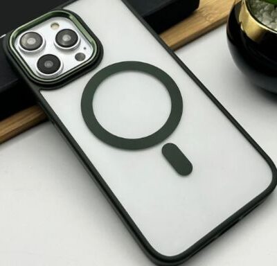 Shockproof Magsafe iPhone Case With Metallic Buttons & Ring: Greyish Green Color