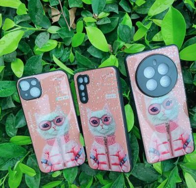 NIMMY CAT IN PINK JACKET GLASS GLUE GLITTER PHONE COVER : FOR SELECTED PHONE MODELS